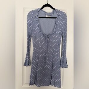 Polka Dot Ruffle Tie-Front Long Sleeve Dress - Light Blue Size 8